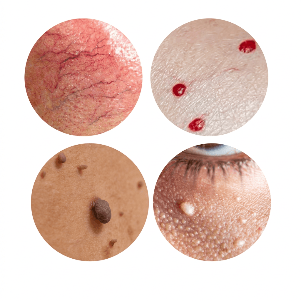 Examples of treatable skin imperfections: spider veins, skin tags, milia, and ruby points
